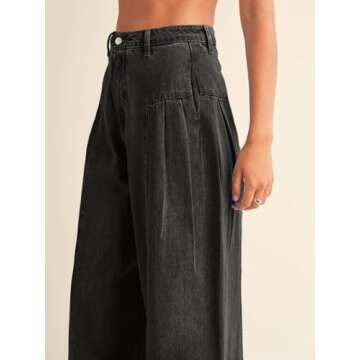 PLNOTME Womens Baggy High Waisted Jeans Loose Boyfriend Wide Leg Side Pleated Denim Pants Black