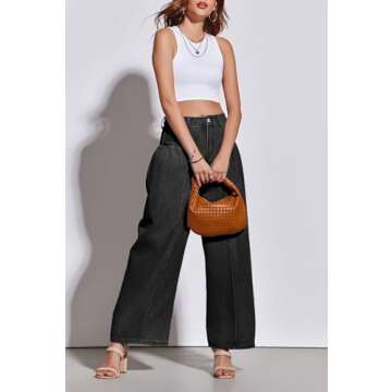 PLNOTME Womens Baggy High Waisted Jeans Loose Boyfriend Wide Leg Side Pleated Denim Pants Black