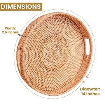 HOMESSENT Round Rattan Tray - Natural & Sturdy Round Wicker Tray with Cut-Out Handles - Hand Woven Tray for Storage & Decoration – Lightweight Tray for Serving Coffee, Fruits & Drinks (Set of 2: S+L)