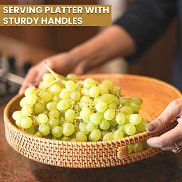 HOMESSENT Round Rattan Tray - Natural & Sturdy Round Wicker Tray with Cut-Out Handles - Hand Woven Tray for Storage & Decoration – Lightweight Tray for Serving Coffee, Fruits & Drinks (Set of 2: S+L)