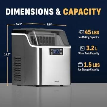 Newair Countertop Clear Ice Maker, 45lbs/Day Ice Cube Machine, Self-Cleaning Function and Custom Ice Thickness, Portable Ice Maker, 24H Timer, Ideal for Home Office and Outdoor Bar, Stainless Steel