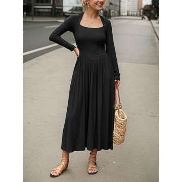 Mieazom Women's Long Sleeve Maxi Dress 2024 Fall Crewneck Knit Casual Solid Long Dress with Pockets ...