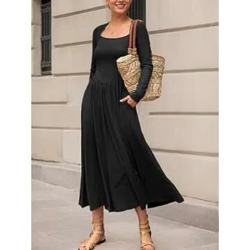 Mieazom Women's Long Sleeve Maxi Dress 2024 Fall Crewneck Knit Casual Solid Long Dress with Pockets Black S