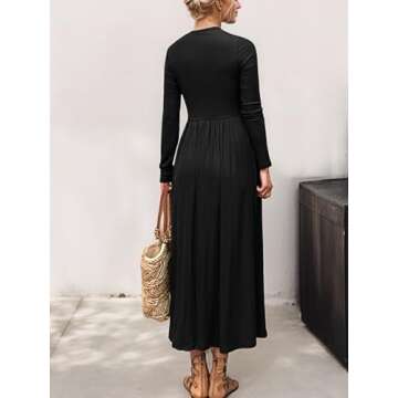 Mieazom Women's Long Sleeve Maxi Dress 2024 Fall Crewneck Knit Casual Solid Long Dress with Pockets Black S
