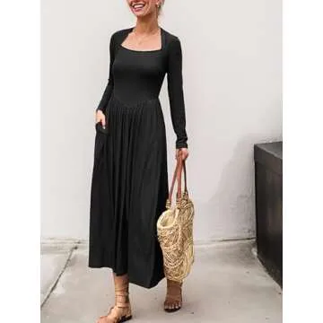 Mieazom Women's Long Sleeve Maxi Dress 2024 Fall Crewneck Knit Casual Solid Long Dress with Pockets Black S