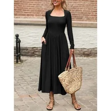 Mieazom Women's Long Sleeve Maxi Dress 2024 Fall Crewneck Knit Casual Solid Long Dress with Pockets Black S