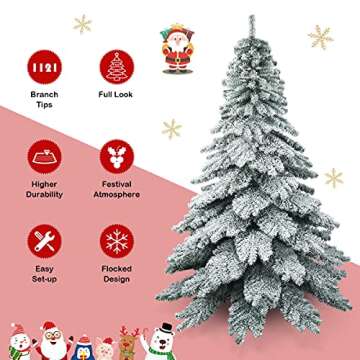 Goplus 7.5FT Snow Flocked Artificial Christmas Tree, Hinged Alaskan Pine Tree with Metal Stand, 100% New PVC Material, Xmas Tree for Indoor and Outdoor Use