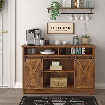 Farmhouse Coffee Bar Cabinet, 52" Kitchen Sideboard Buffet Storage Cabinet Sliding Barn Door for Kitchen, Dining Room, Living Room 52" x 16" x 34"(Rustic Oak)