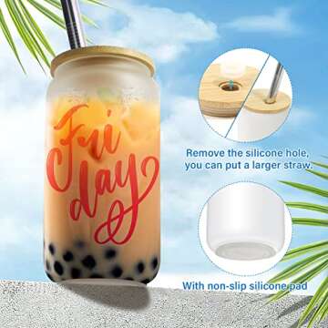 Realkant Sublimation Glass Blanks, 16 OZ Sublimation Glass Mason Jar with Bamboo Lids and Straws for Tumbler Press, Glass Cups Mugs Tumblers Beer Can for Iced Coffee Juice Soda Drinks (2 Pack/Frosted)