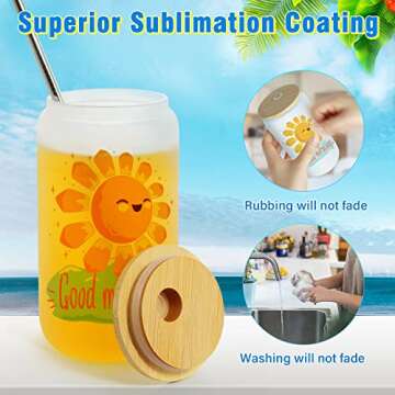 Realkant Sublimation Glass Blanks, 16 OZ Sublimation Glass Mason Jar with Bamboo Lids and Straws for Tumbler Press, Glass Cups Mugs Tumblers Beer Can for Iced Coffee Juice Soda Drinks (2 Pack/Frosted)