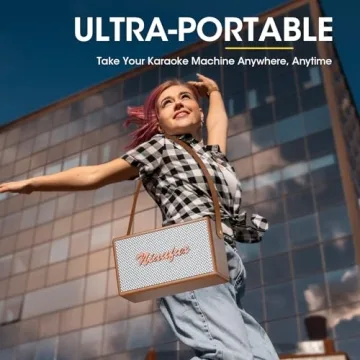 Retro Karaoke Machine with Two Wireless Microphones, Portable Bluetooth Speaker for Adults and Kids, Rechargeable PA System for Home Party, AUX/USB/TF/OTG Support, Vintage Decor Gifts - Brown