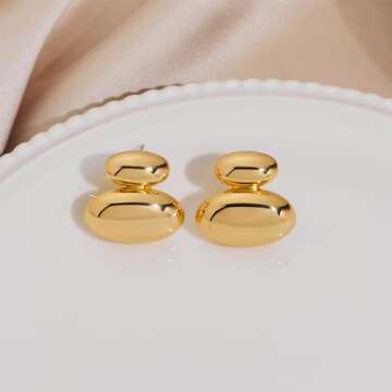 CUFELMU Chunky Gold Stud Earrings for Women Polished Gold Plated Double Dome Stud Earrings Statement Jewelry Gifts
