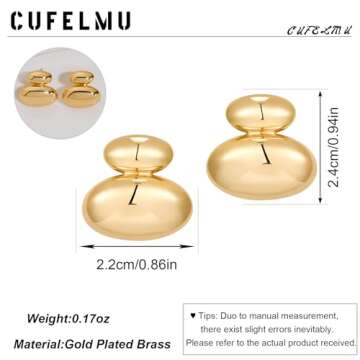 CUFELMU Chunky Gold Stud Earrings for Women Polished Gold Plated Double Dome Stud Earrings Statement Jewelry Gifts