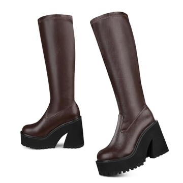 AMINUGAL Womens Elastic Knee High Boots Platform Chunky Block High Heel Sock Boots Zipper Round Toe ...