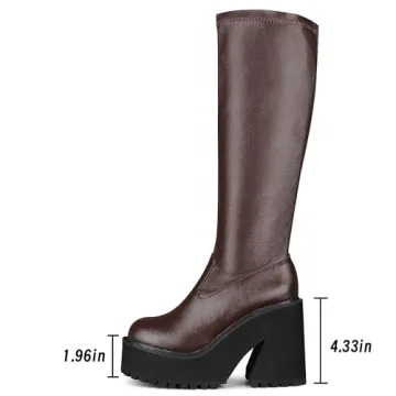 AMINUGAL Womens Elastic Knee High Boots Platform Chunky Block High Heel Sock Boots Zipper Round Toe Fashion Motorcycle Combat Punk Boots For Women
