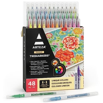 ARTEZA Dual Tip Brush Markers, Set of 48, Art Markers with Fine and Brush Tips, Dual Tip Pens for Ad...