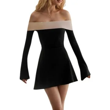 QIISEVEN Off The Shoulder Dress Long Sleeve Mini Dress for Parties