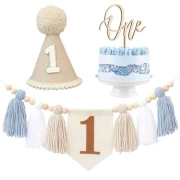 1st Birthday Highchair Banner Decorations For First Boys Khaki Cone Hat With One Cake Topper Photo B...