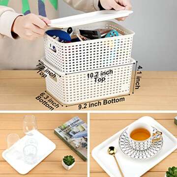AREYZIN Plastic Storage Baskets With Lid Organizing Container Lidded Knit Storage Organizer Bins for Shelves Drawers Desktop Closet Playroom Classroom Office, White, 6 Pack