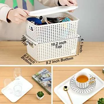 AREYZIN Plastic Storage Baskets With Lid Organizing Container Lidded Knit Storage Organizer Bins for Shelves Drawers Desktop Closet Playroom Classroom Office, White, 6 Pack