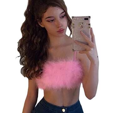 Women Rave Festival Feather Crop Top - Faux Fur Tube Top in Neon Pink