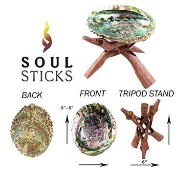 SOUL STICKS Abalone Shell with Wooden Tripod Stand for Smudging Sage, Herbs, Incense, Resin, and Pal...