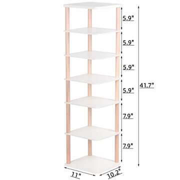 LUCKNOCK 7 Tiers Vertical Shoe Rack, Narrow Shoe Organizer, Stylish Wooden Shoe Storage Stand, Space...