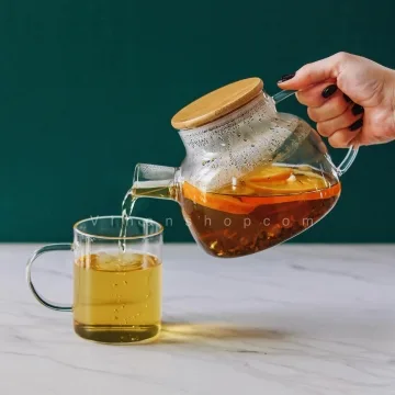 قوری پیرکس بوروسیلیکات (شعله مستقیم) با درب بامبو  شفاف