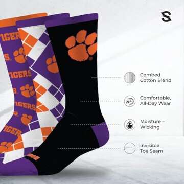 Strideline NCAA Mens Dress Socks- The Executive 3 Pack-Clemson Tigers-Size M/L (8-12)