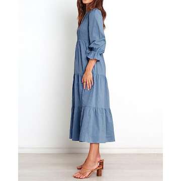 BTFBM Women Casual Long Sleeve Dress Fall Dresses 2025 Solid Color Relaxed Fit Smocked Tiered Flowy Boho Long Dresses(Solid Grey Blue,X-Large)
