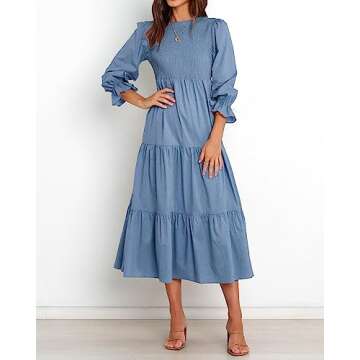 BTFBM Women Casual Long Sleeve Dress Fall Dresses 2025 Solid Color Relaxed Fit Smocked Tiered Flowy Boho Long Dresses(Solid Grey Blue,X-Large)