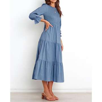 BTFBM Women Casual Long Sleeve Dress Fall Dresses 2025 Solid Color Relaxed Fit Smocked Tiered Flowy Boho Long Dresses(Solid Grey Blue,X-Large)