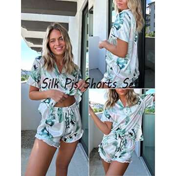 HOTOUCH Womens Silk Satin Set Two-Piece Button Down Short Sleeve Sleepwear Pajamas Pink Leaf, Small