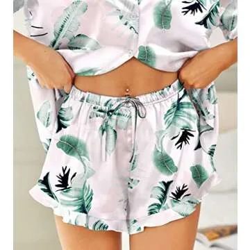 HOTOUCH Womens Silk Satin Set Two-Piece Button Down Short Sleeve Sleepwear Pajamas Pink Leaf, Small