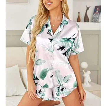 HOTOUCH Womens Silk Satin Set Two-Piece Button Down Short Sleeve Sleepwear Pajamas Pink Leaf, Small