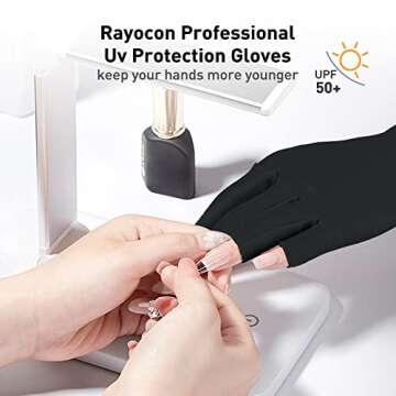 RAYOCON UV Gloves for Nails,𝐔𝐏𝐅𝟓𝟎+ UV Protection Gloves for Manicures,Fingerless Gloves for Protecting Hands from Nails UV Light(Black)