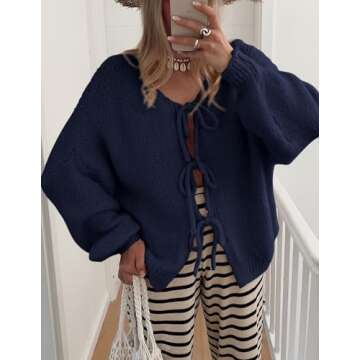 PRETTYGARDEN Women's Tie Front Bow Cardigan Sweaters Chunky Knit Long Puff Sleeve Trendy Fall Winter Jacket Coats (Navy,Medium)