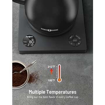 PARIS RHÔNE Gooseneck kettle,Gooseneck Electric Pour-Over Kettle for Coffee Tea Brewing,Temperature Variable,2h Keep Warm,1L Stainless Steel electric kettle,Built-in Stopwatch,Black, Large (PE-EK010)