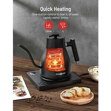 PARIS RHÔNE Gooseneck kettle,Gooseneck Electric Pour-Over Kettle for Coffee Tea Brewing,Temperature Variable,2h Keep Warm,1L Stainless Steel electric kettle,Built-in Stopwatch,Black, Large (PE-EK010)