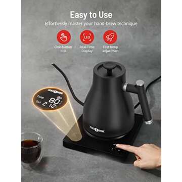 PARIS RHÔNE Gooseneck kettle,Gooseneck Electric Pour-Over Kettle for Coffee Tea Brewing,Temperature Variable,2h Keep Warm,1L Stainless Steel electric kettle,Built-in Stopwatch,Black, Large (PE-EK010)