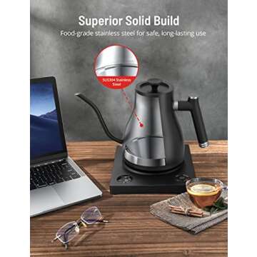 PARIS RHÔNE Gooseneck kettle,Gooseneck Electric Pour-Over Kettle for Coffee Tea Brewing,Temperature Variable,2h Keep Warm,1L Stainless Steel electric kettle,Built-in Stopwatch,Black, Large (PE-EK010)