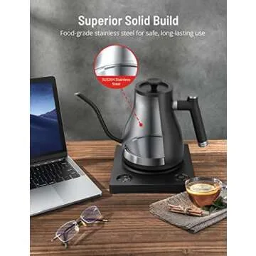PARIS RHÔNE Gooseneck kettle,Gooseneck Electric Pour-Over Kettle for Coffee Tea Brewing,Temperature Variable,2h Keep Warm,1L Stainless Steel electric kettle,Built-in Stopwatch,Black, Large (PE-EK010)