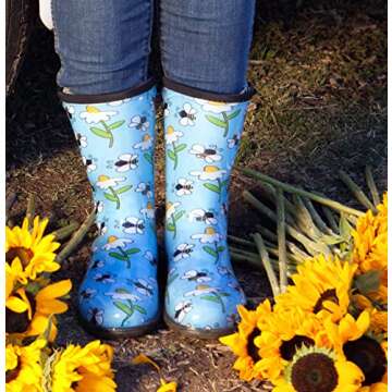 Sloggers Waterproof Garden Rain Boots for Women - Cute Mid-Calf Mud & Muck Boots with Premium Comfort Support Insole, (Bee Light Blue), (Size 8)