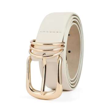 RISANTRY Women's White Belts with Gold Buckle | Elegant Leather Waist Belt for Casual and Formal Wea...