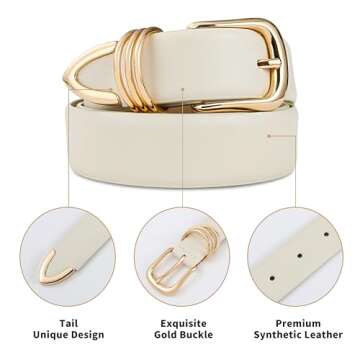 RISANTRY Women's White Belt with Elegant Gold Buckle