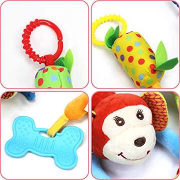 Joyshare 4 PCS Baby Soft Hanging Rattle Crinkle Squeaky Toy - Baby Toys for 0 3 6 9 to 1 Animal Ring Plush Stroller Infant Car Bed Crib Travel Activity Hanging Wind Chime with Teether for Boys Present