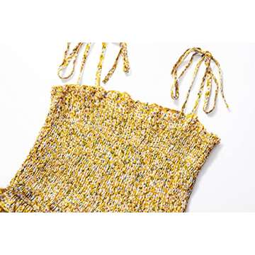 Daenery Spaghetti Strap Ruffle Hem Blackless Solid Color Mini Dress (Yellow Flower, Small, s)
