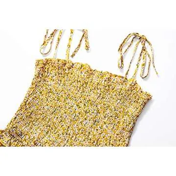 Daenery Spaghetti Strap Ruffle Hem Blackless Solid Color Mini Dress (Yellow Flower, Small, s)