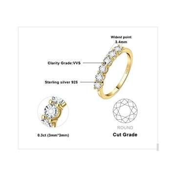JewelryPalace 6 Stone Cubic Zirconia Half Eternity Stackable Wedding Rings for Women, 14K Yellow Gol...