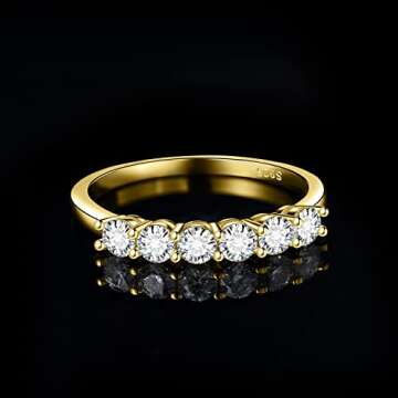JewelryPalace 6 Stone Cubic Zirconia Half Eternity Stackable Wedding Rings for Women, 14K Yellow Gold Plated 925 Sterling Silver Promise Rings for Her, Simulated Diamond Anniversary Wedding Band 6